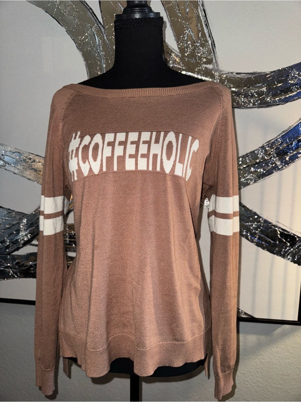 Rue21 #COFFEEHOLIC Brown Boatneck Pullover with White Stripes
